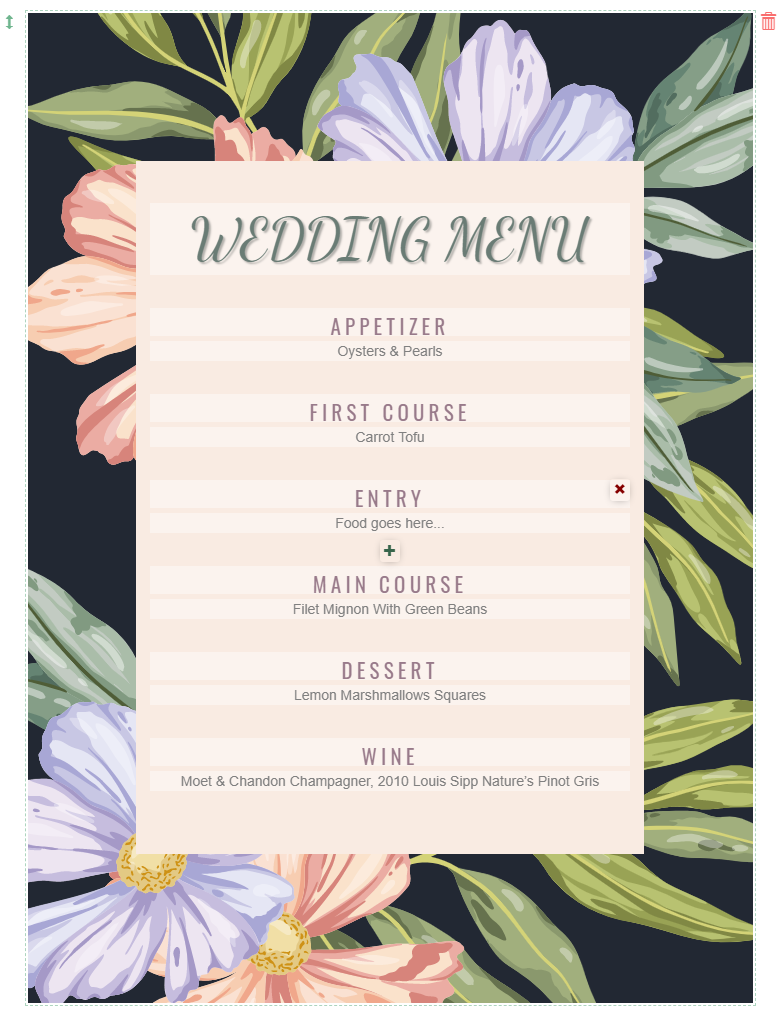 a dinner menu block. add or remove entree, dessert and other items with a click.